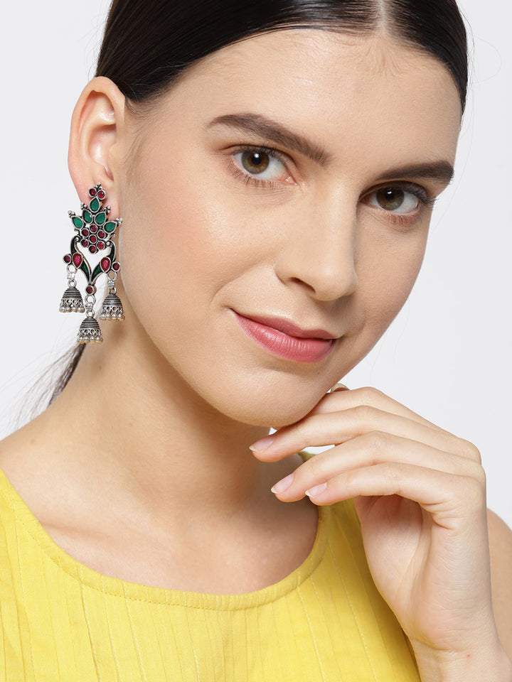 Silver Plated Magenta and Green Geometric Earring For Women And Girls