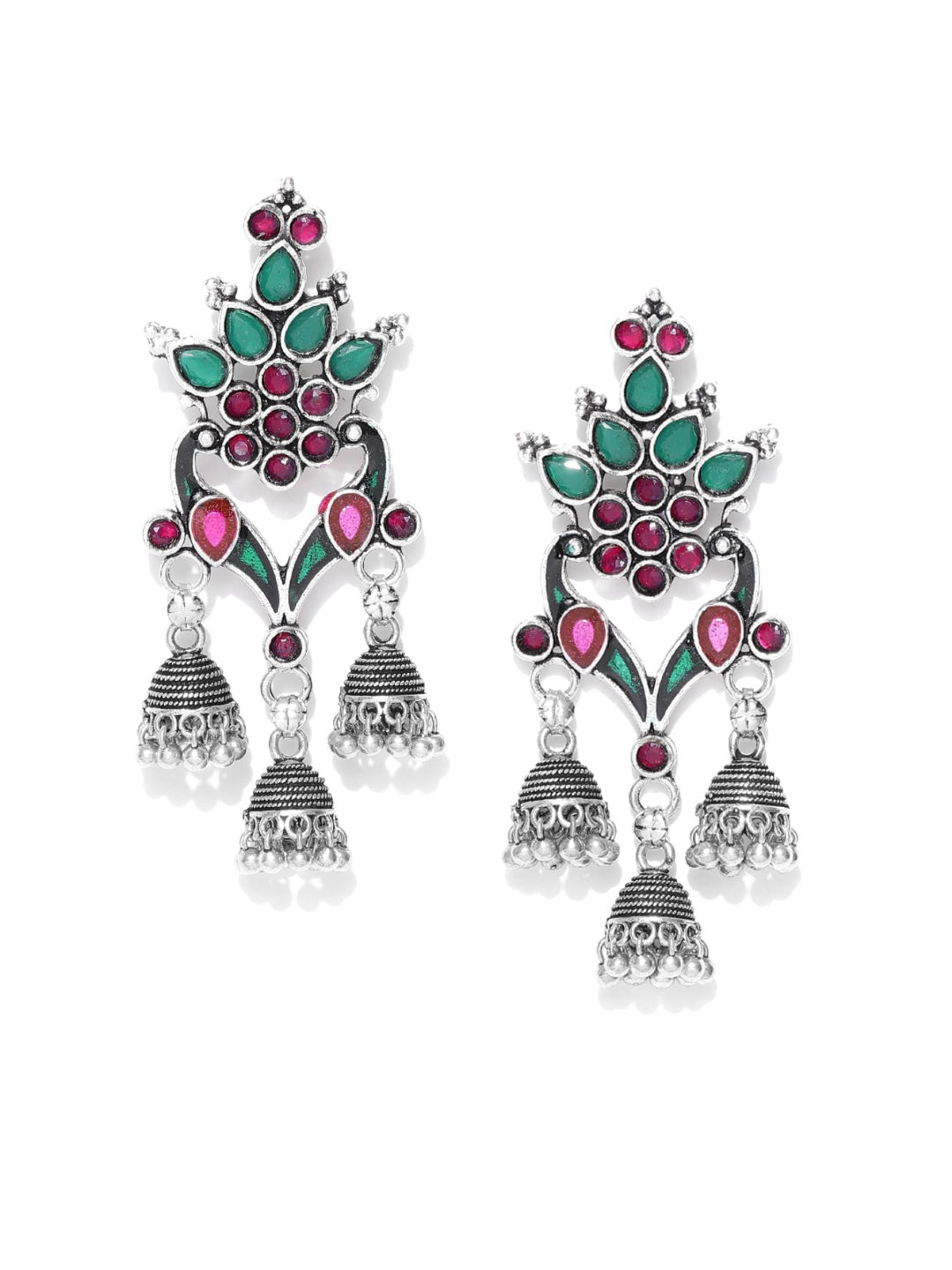 Silver Plated Magenta and Green Geometric Earring For Women And Girls