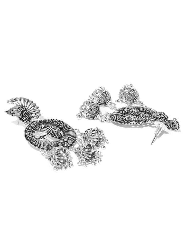 Designer Oxidised Silver Peacock Inspired Drop Earrings For Women And Girls
