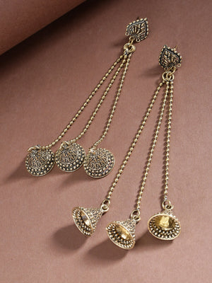 Designer Dual Tone Triple Chain Hanging Bells Earrings For Women And Girls