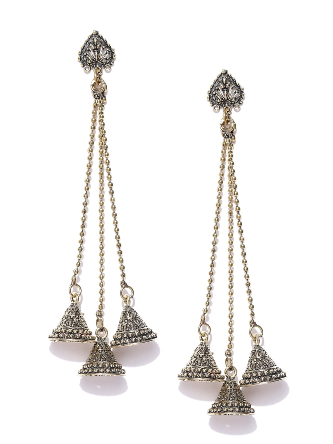 Designer Dual Tone Triple Chain Hanging Bells Earrings For Women And Girls