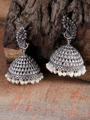 Designer German Oxidised Silver Jhumka With Pearl Earrings For Women And Girls