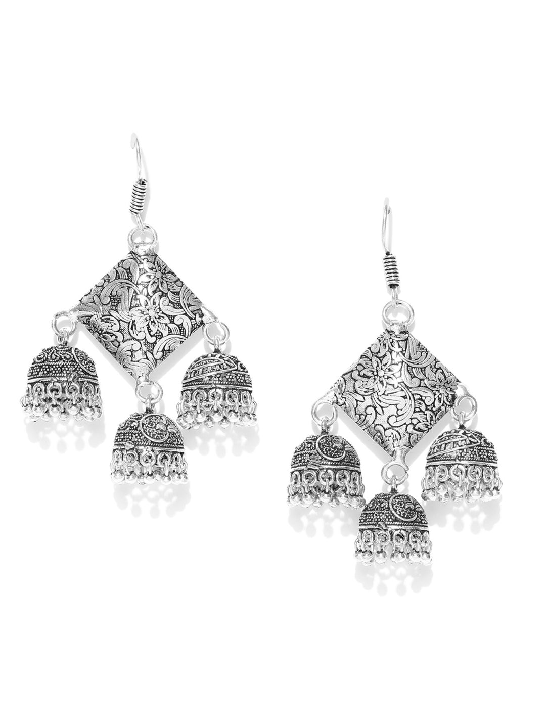 German Silver Square Shape With Triple Jhumki Drop Earrings For Women And Girls