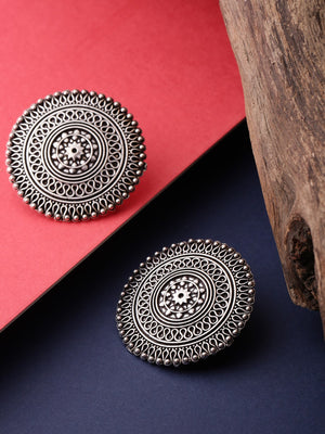 Designer German Oxidised Silver Round Shape Earrings For Women And Girls