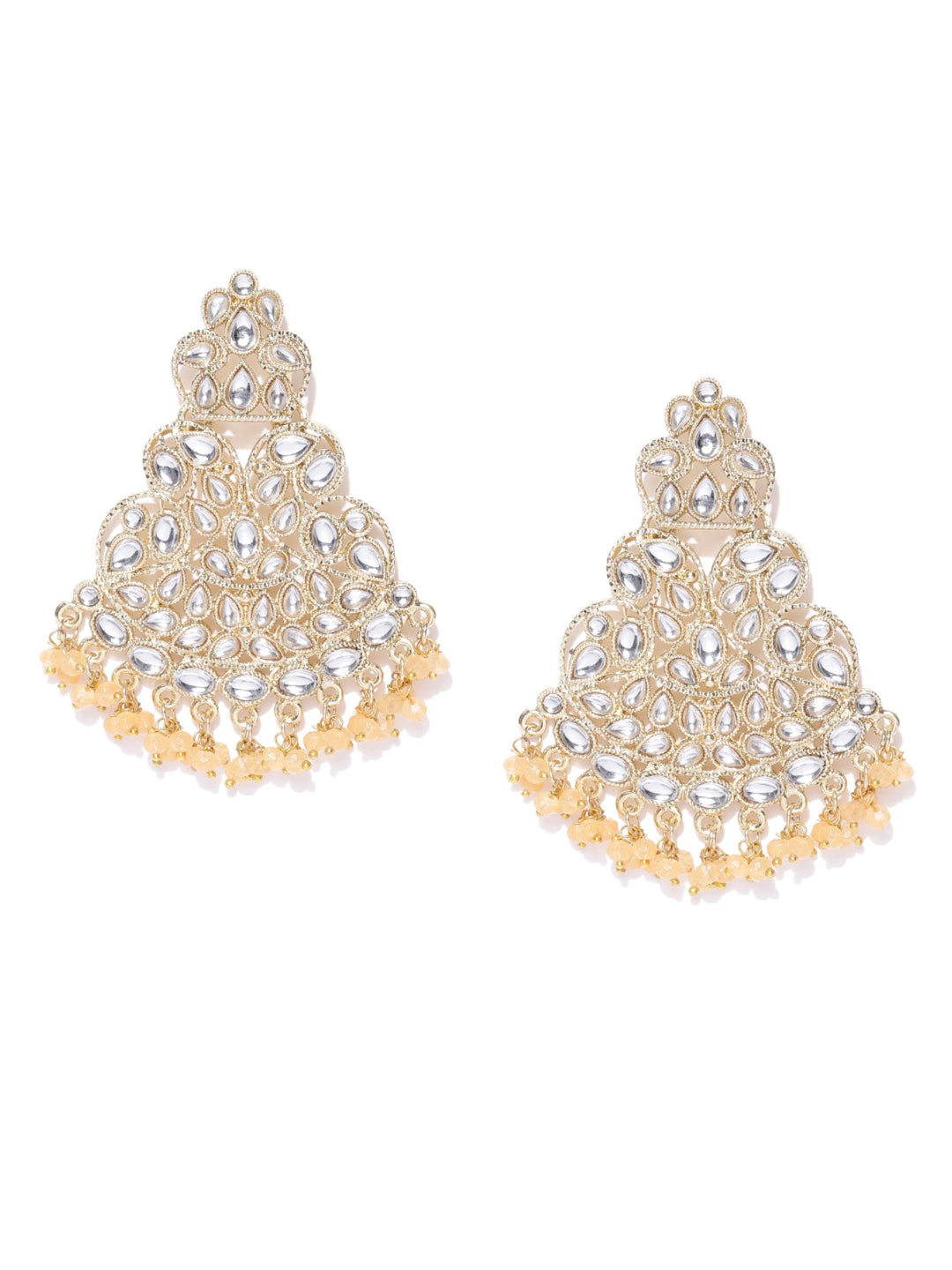 Designer Gold Plated Kundan Earrings With Peach Beads For Women And Girls