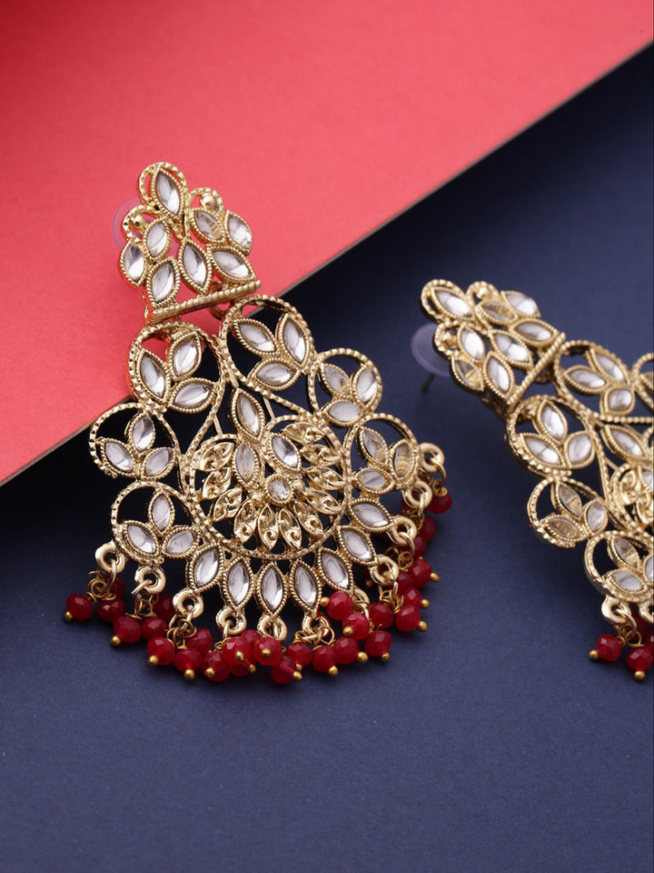 Designer Gold Plated Kundan Earring With Maroon Beads For Women And Girls