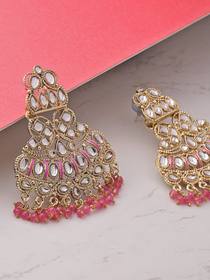 Designer Gold Plated Kundan Earrings With Pink Beads For Women And Girls