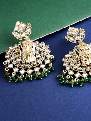 Gold Plated Radha Krishna Kundan Earrings With Green Beads For Women And Girls
