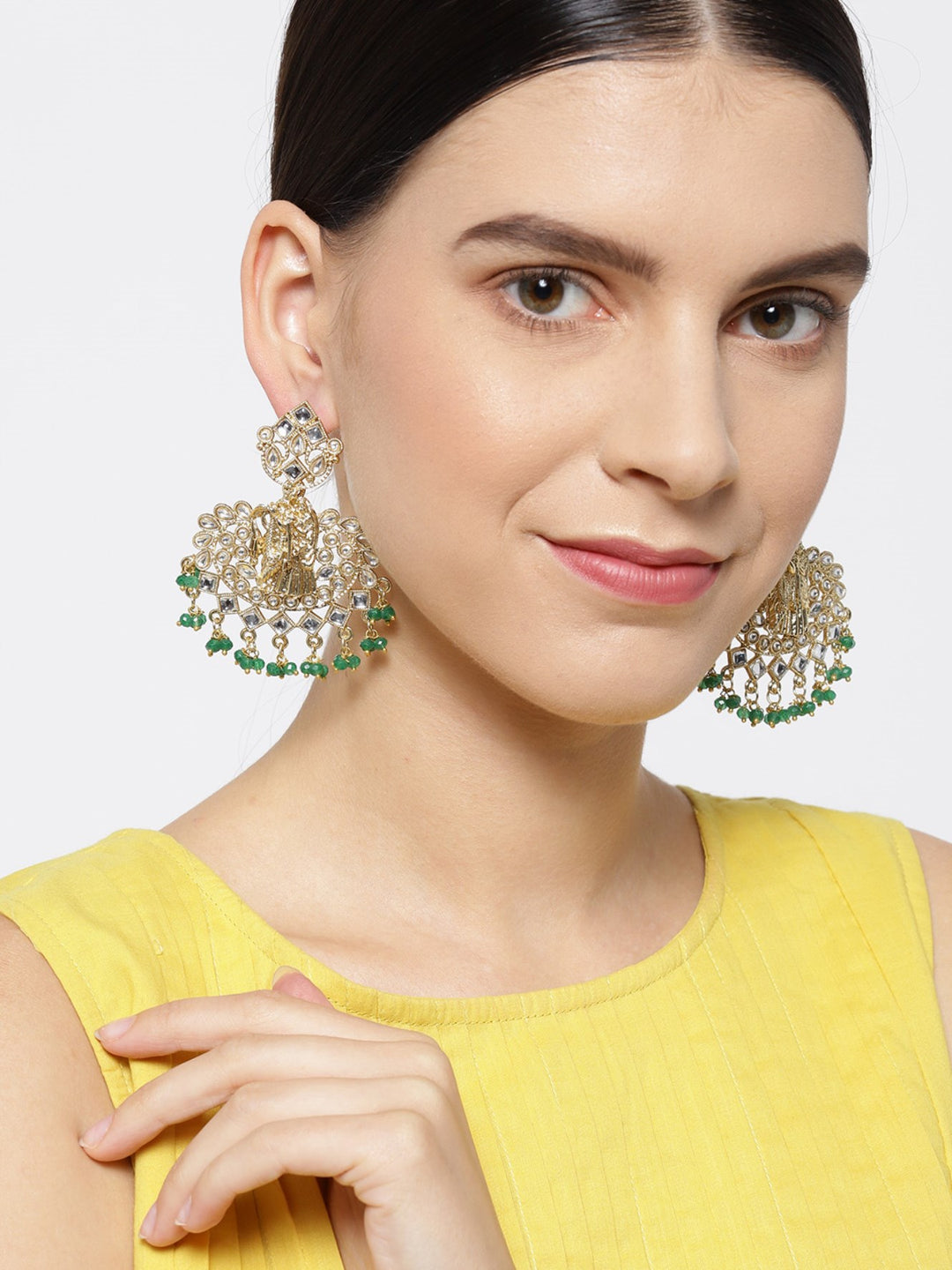 Gold Plated Radha Krishna Kundan Earrings With Green Beads For Women And Girls