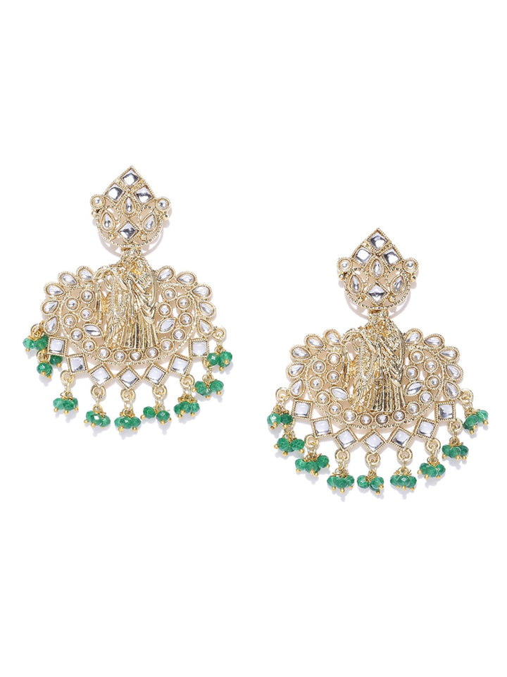 Gold Plated Radha Krishna Kundan Earrings With Green Beads For Women And Girls