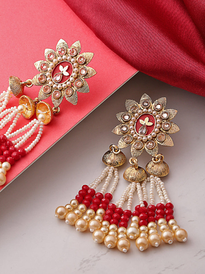 Floral Gold Plated Maroon Drop Earrings With Hanging Beads And Pearls For Women