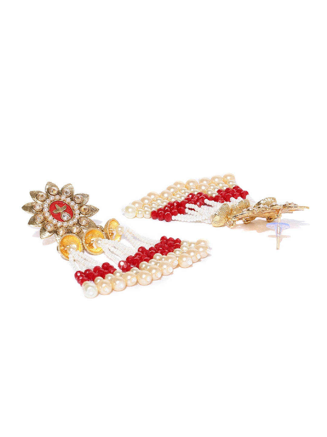 Floral Gold Plated Maroon Drop Earrings With Hanging Beads And Pearls For Women