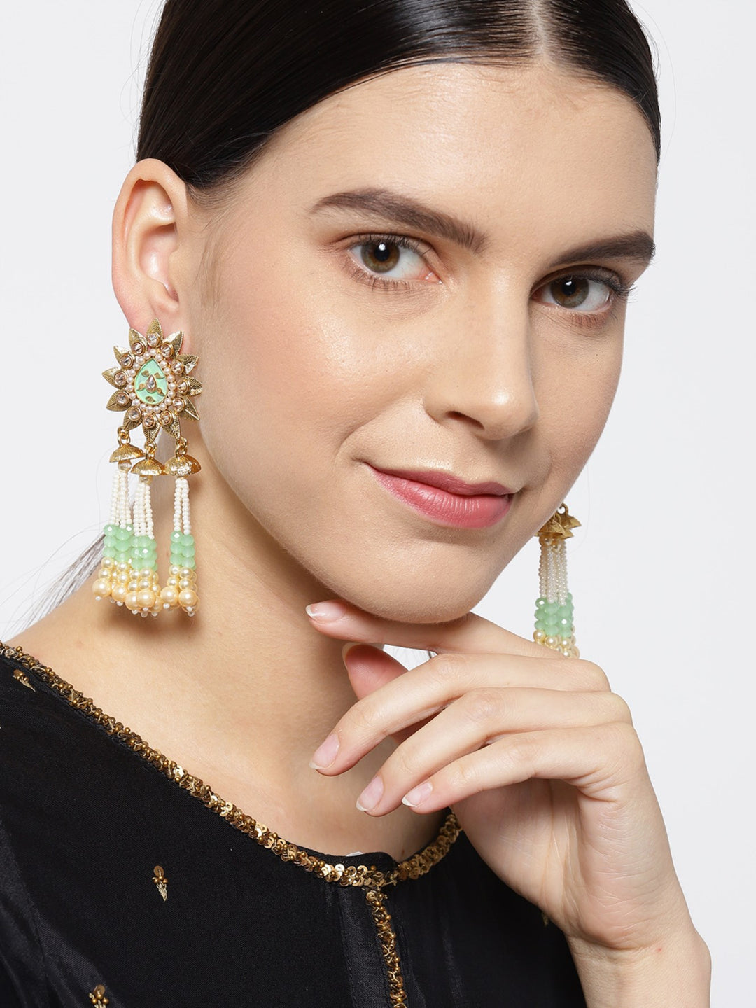 Floral Gold Plated Sea Green Drop Earring With Hanging Beads And Pearls For Women