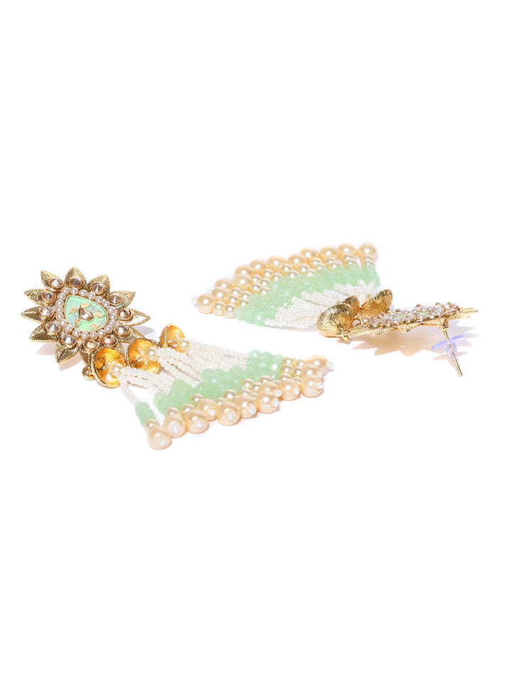 Floral Gold Plated Sea Green Drop Earring With Hanging Beads And Pearls For Women