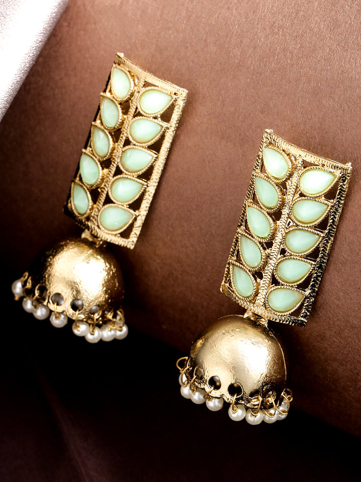 Floral Gold Plated Mint Green Stone Jhumki Earrings For Women And Girls