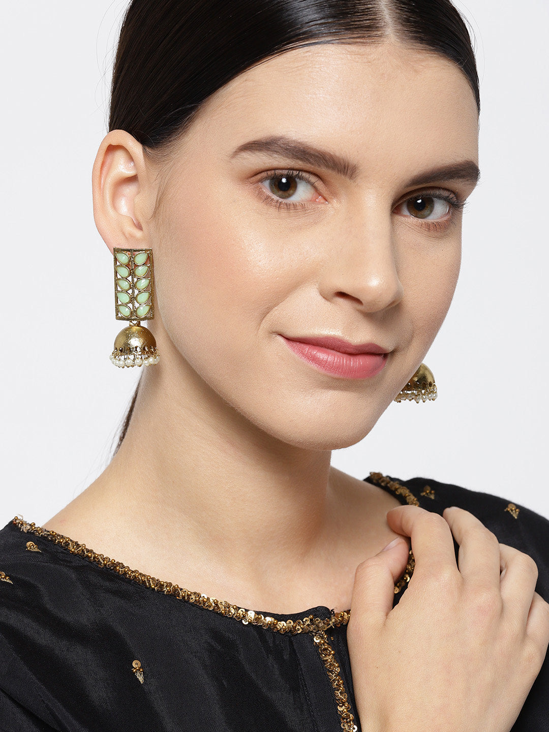 Floral Gold Plated Mint Green Stone Jhumki Earrings For Women And Girls