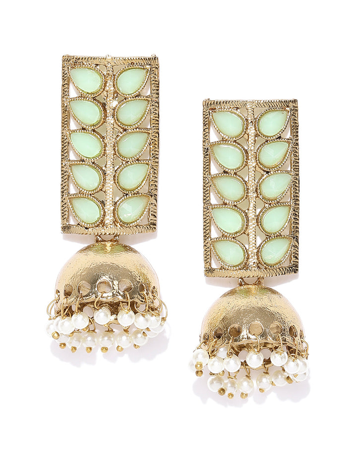 Floral Gold Plated Mint Green Stone Jhumki Earrings For Women And Girls
