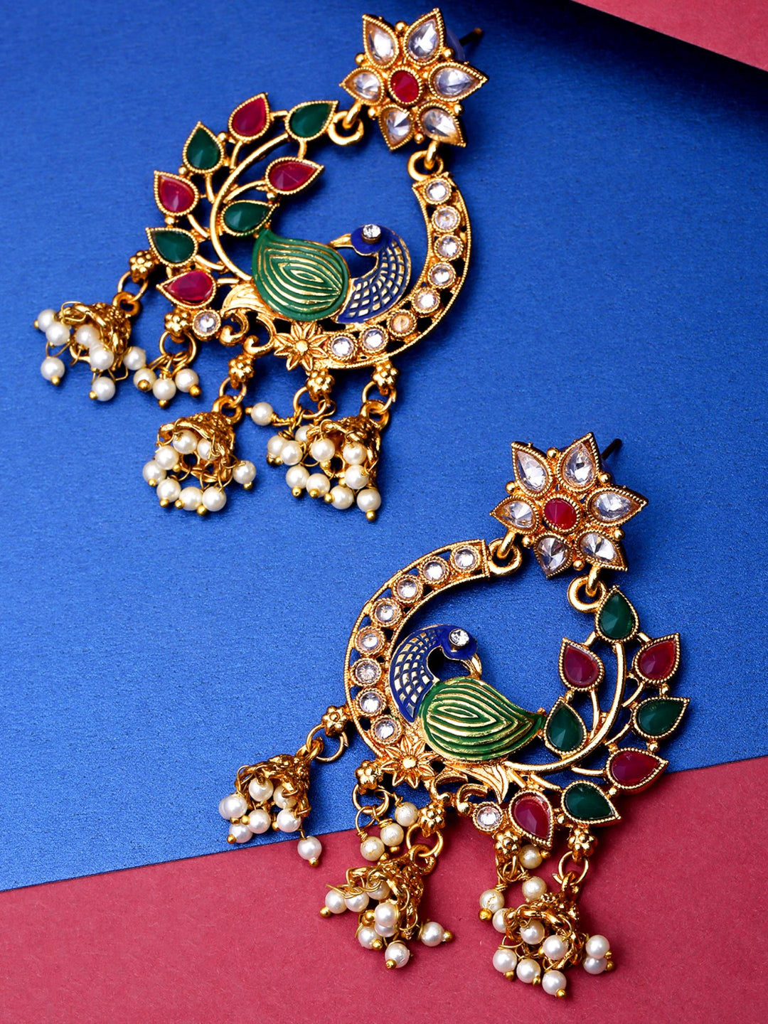 Floral Gold Plated Peacock Inspired Multicolour Stones Earrings For Women