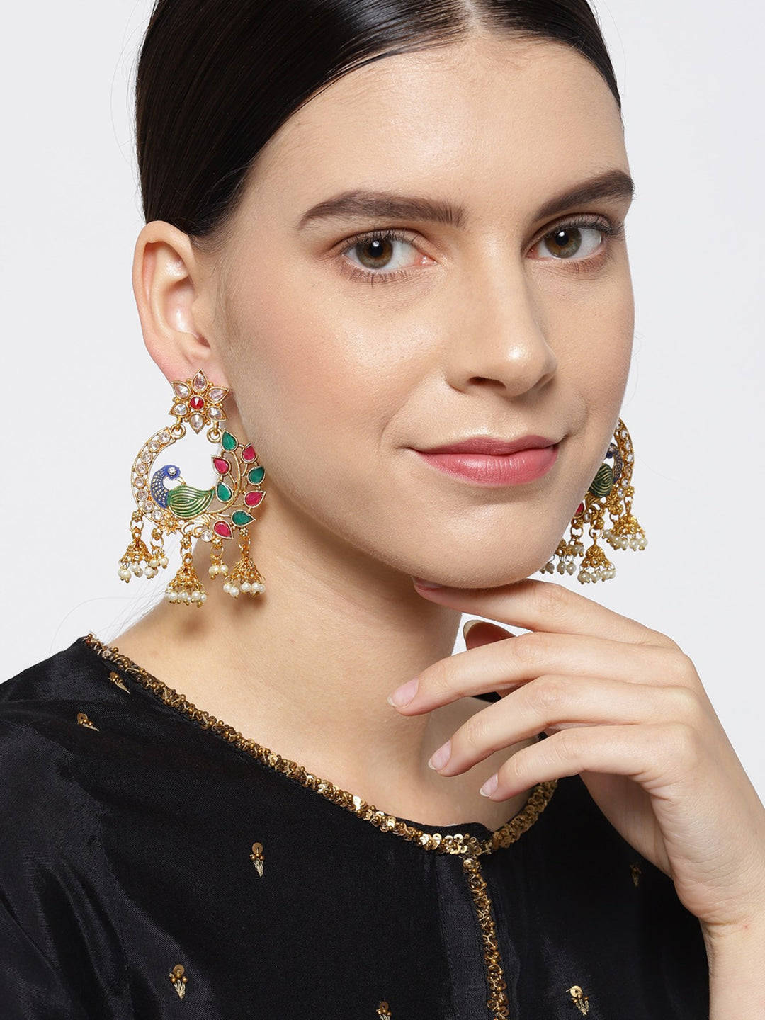Floral Gold Plated Peacock Inspired Multicolour Stones Earrings For Women