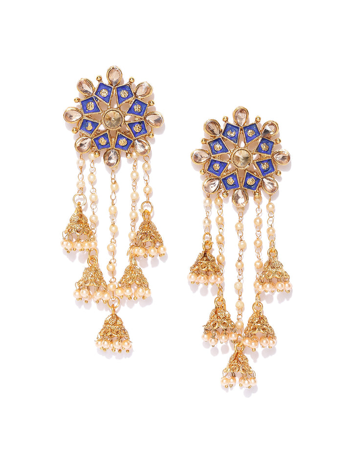 Gold Plated Blue Colour Round Earrings With Hanging Jhumki For Women