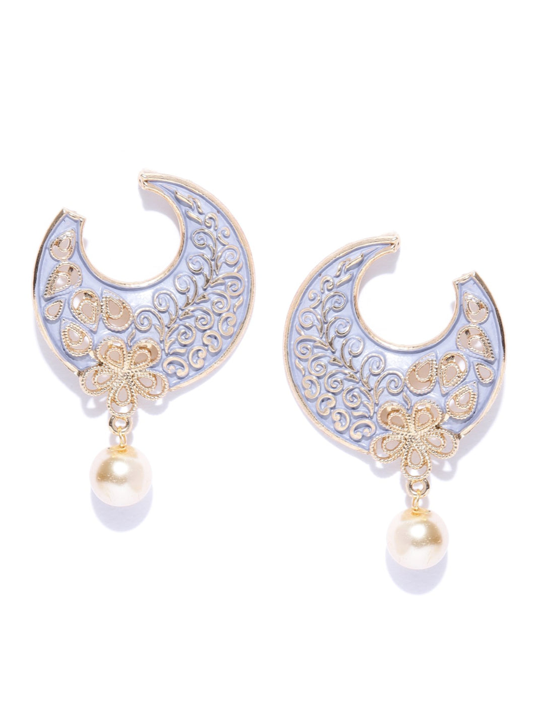 Designer Gold Plated Floral Design Skyblue Chandbalis Drop Earrings With Pearl For Women and Girls
