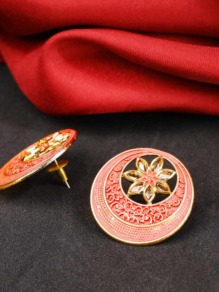 Designer Gold Plated Floral Design Red Color Chandbalis Earrings For Women and Girls