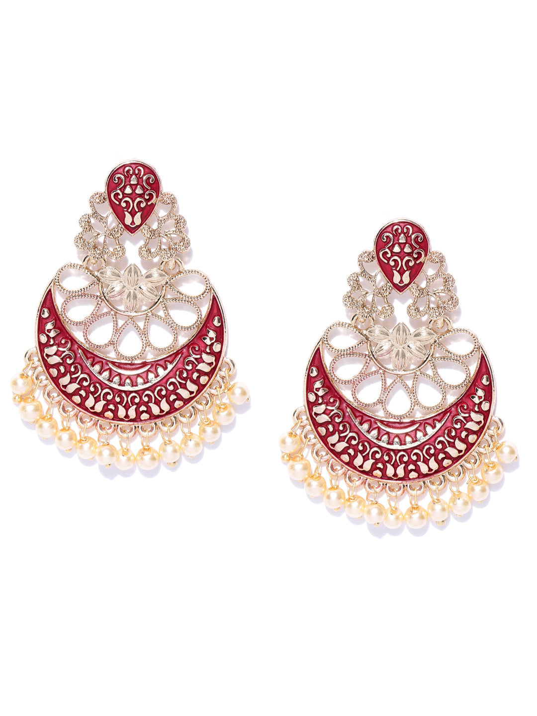 Designer Gold Plated Maroon Colour Chandbalis Drop Earrings With Pearls for Women and Girls