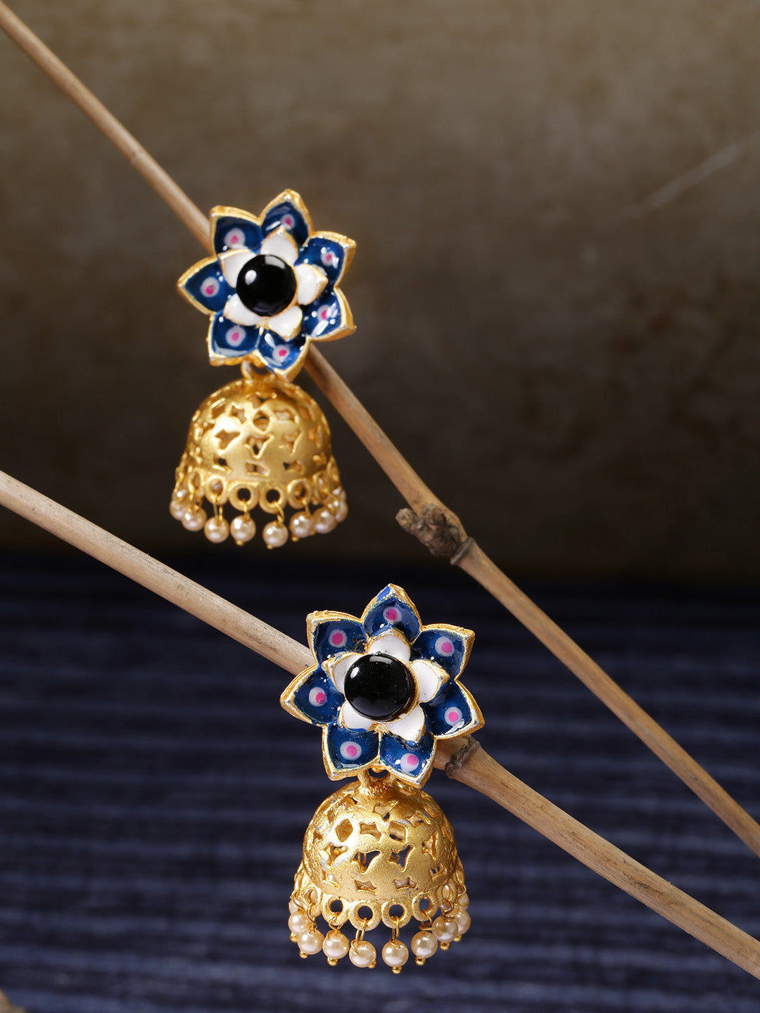 Gold-Plated Floral Patterned Jhumka Earrings in Blue and Black Color with Pearls Drop