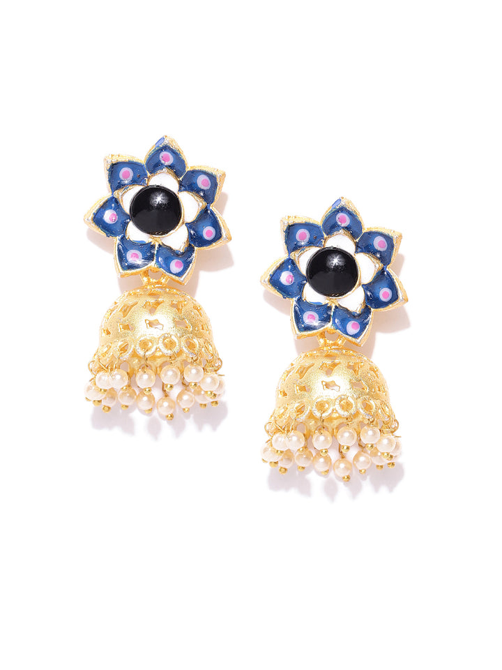 Gold-Plated Floral Patterned Jhumka Earrings in Blue and Black Color with Pearls Drop