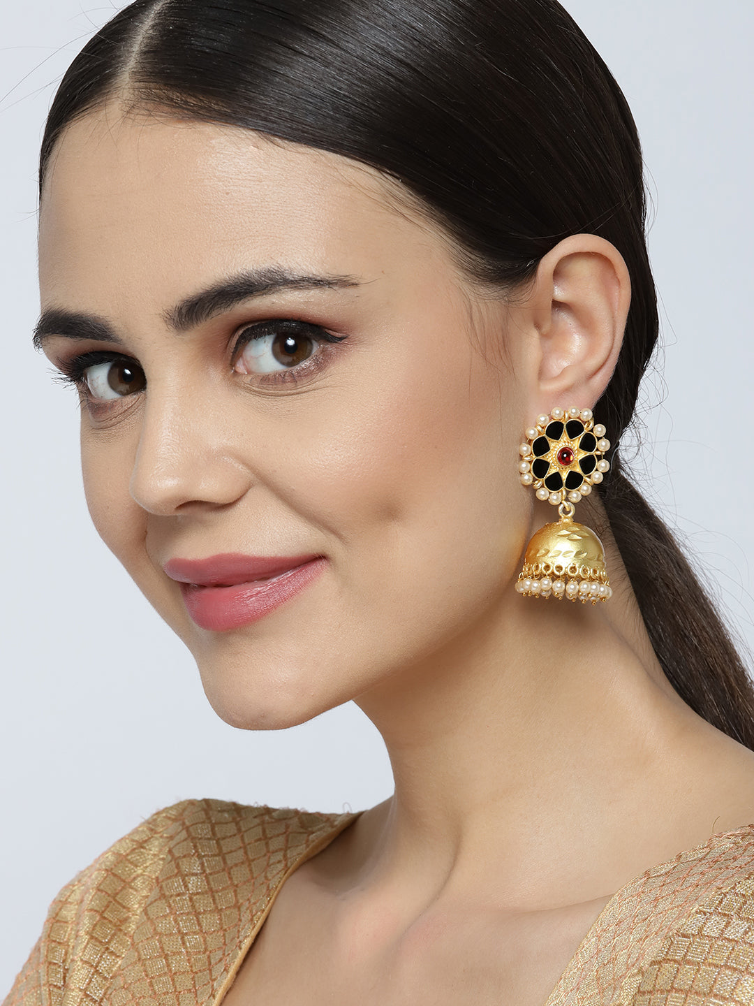 Naaz - Floral Gold Plated Black Pearl Jhumki Earrings