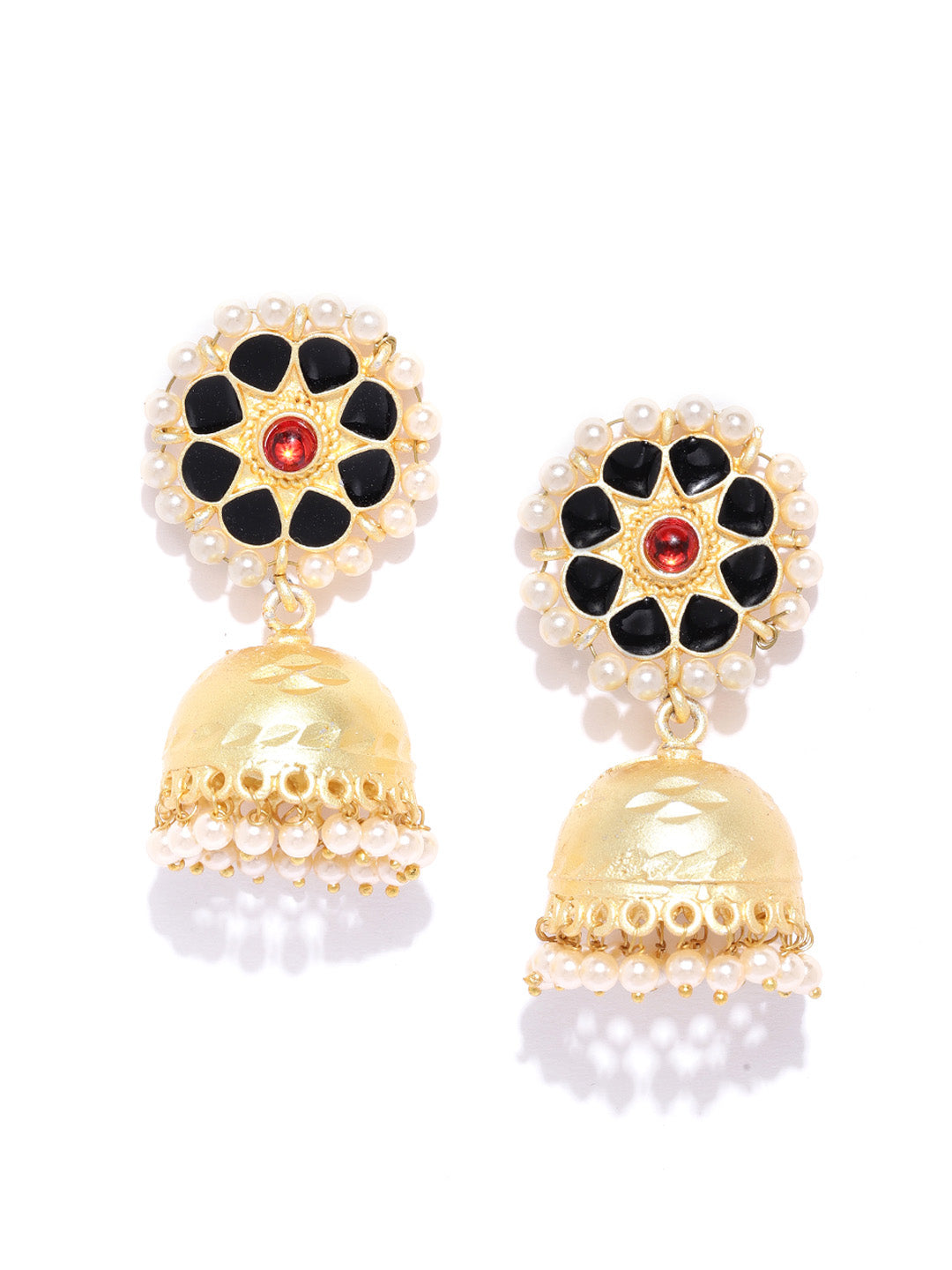 Naaz - Floral Gold Plated Black Pearl Jhumki Earrings