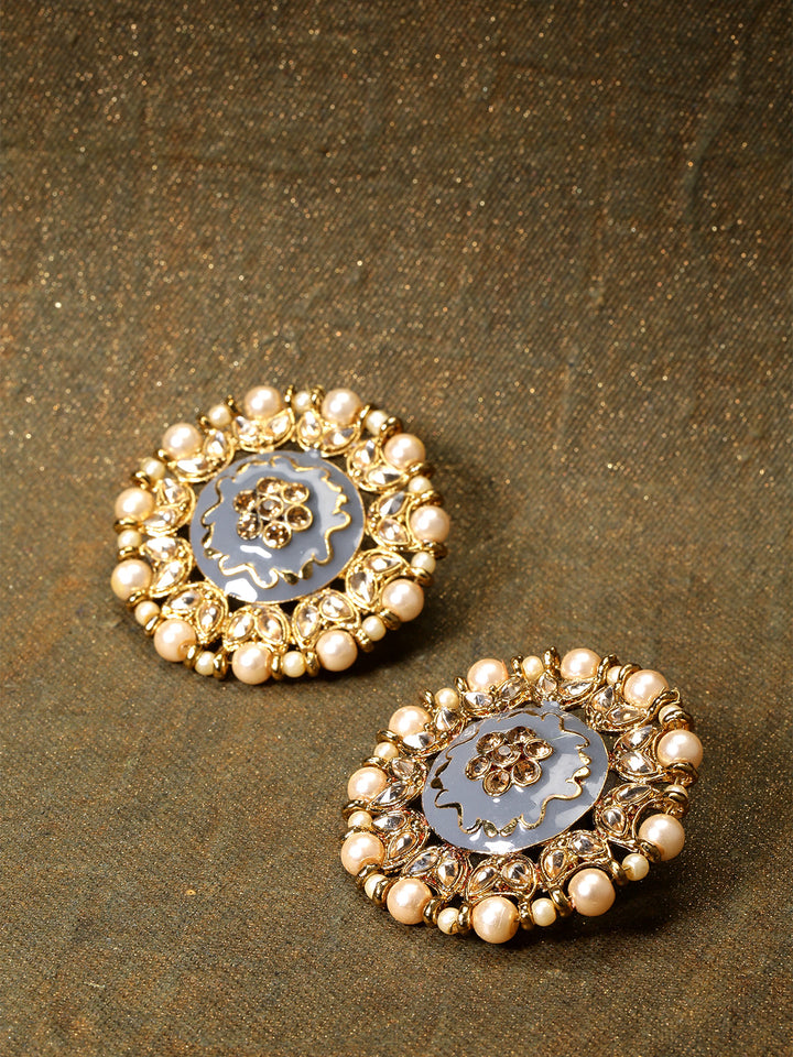 Gold-Plated Pearls And Stone Studded Round Shape Large Stud Earrings
