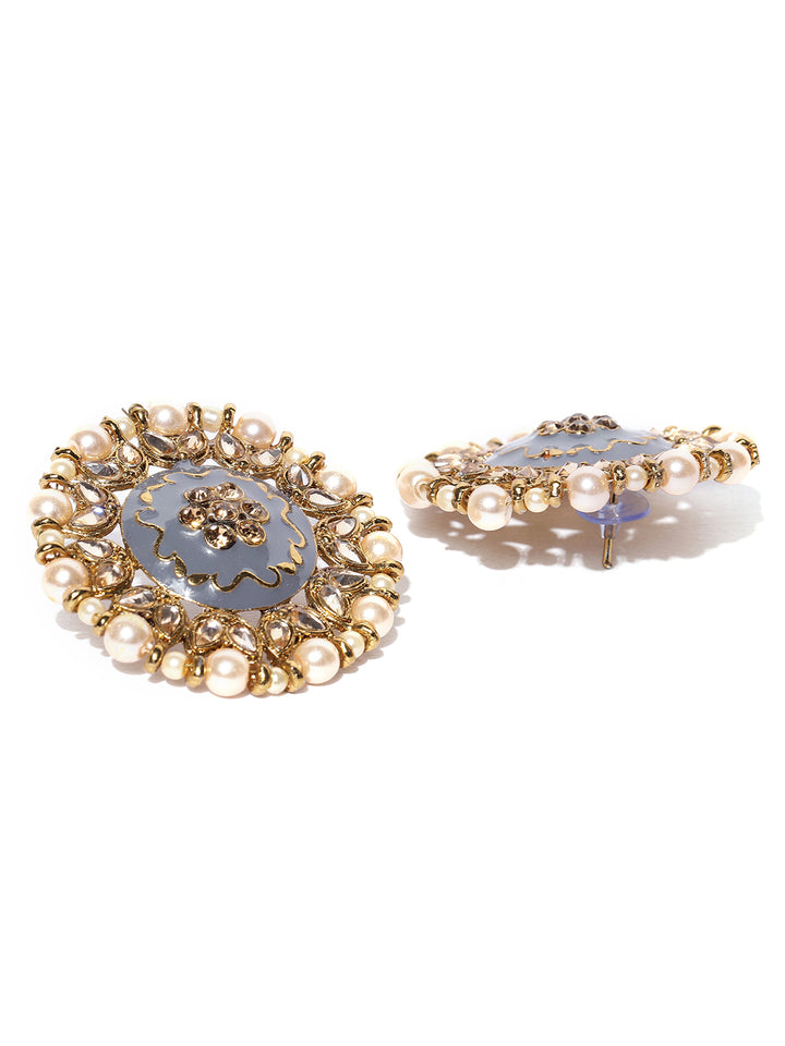 Gold-Plated Pearls And Stone Studded Round Shape Large Stud Earrings