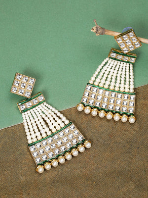 Gold-Plated Kundan and Pearls Studded Drop Earrings