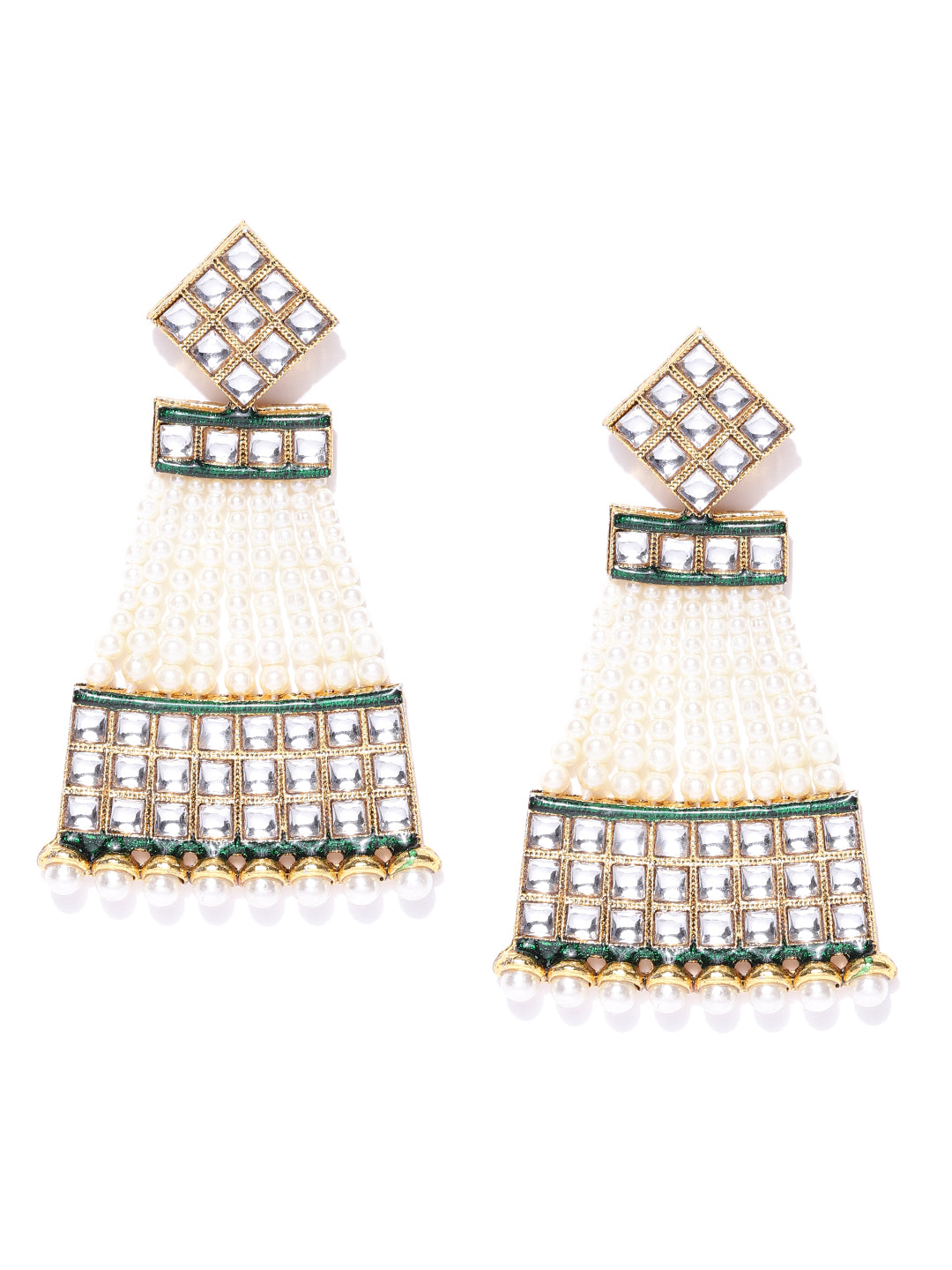Gold-Plated Kundan and Pearls Studded Drop Earrings