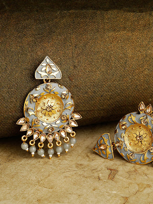Designer Gold-Plated Stone Studded Round Shape Grey Colour Drop Earrings