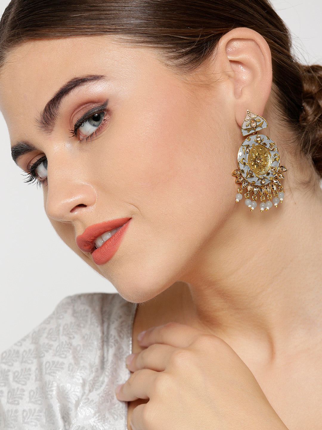 Designer Gold-Plated Stone Studded Round Shape Grey Colour Drop Earrings