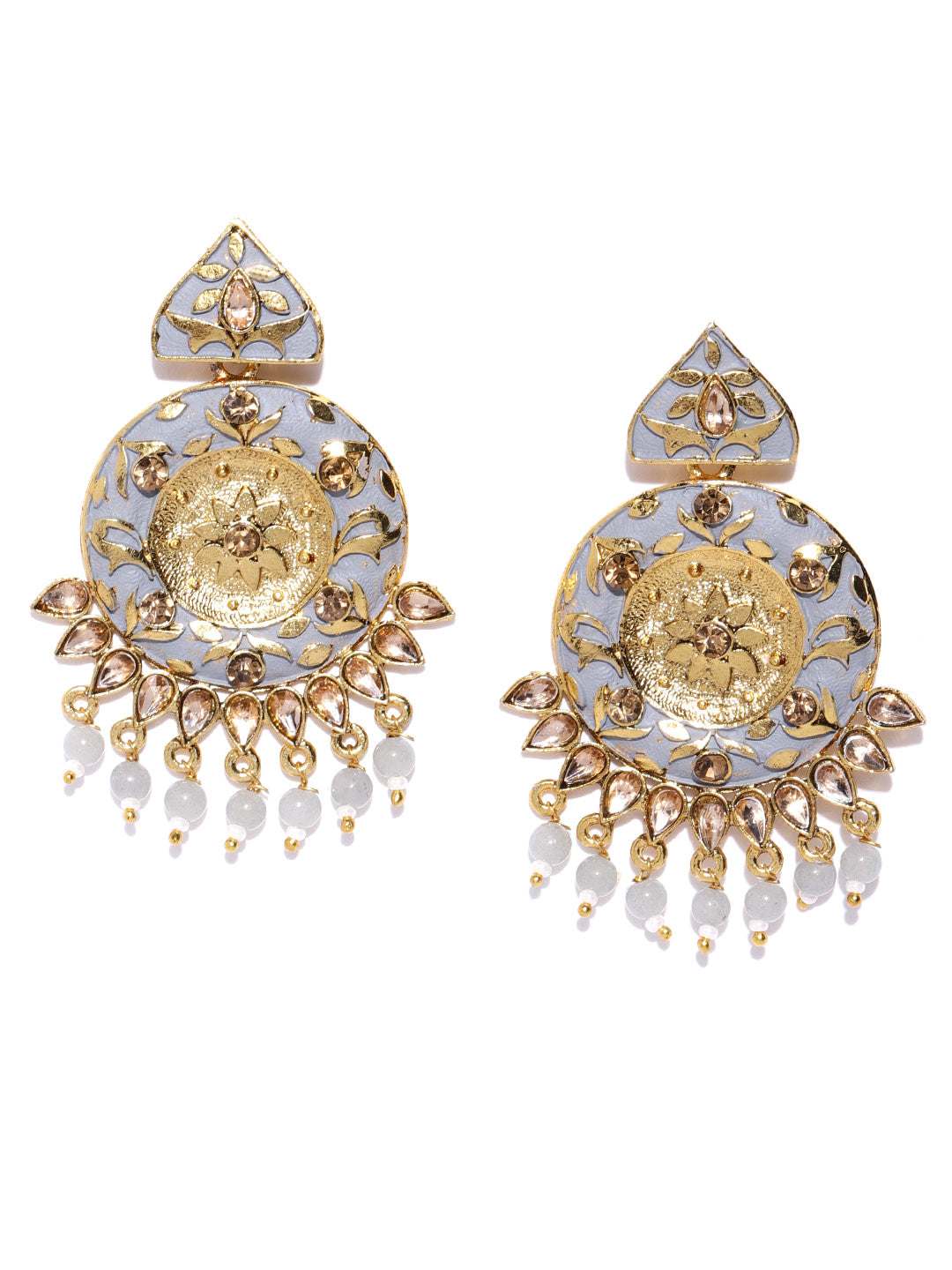 Designer Gold-Plated Stone Studded Round Shape Grey Colour Drop Earrings