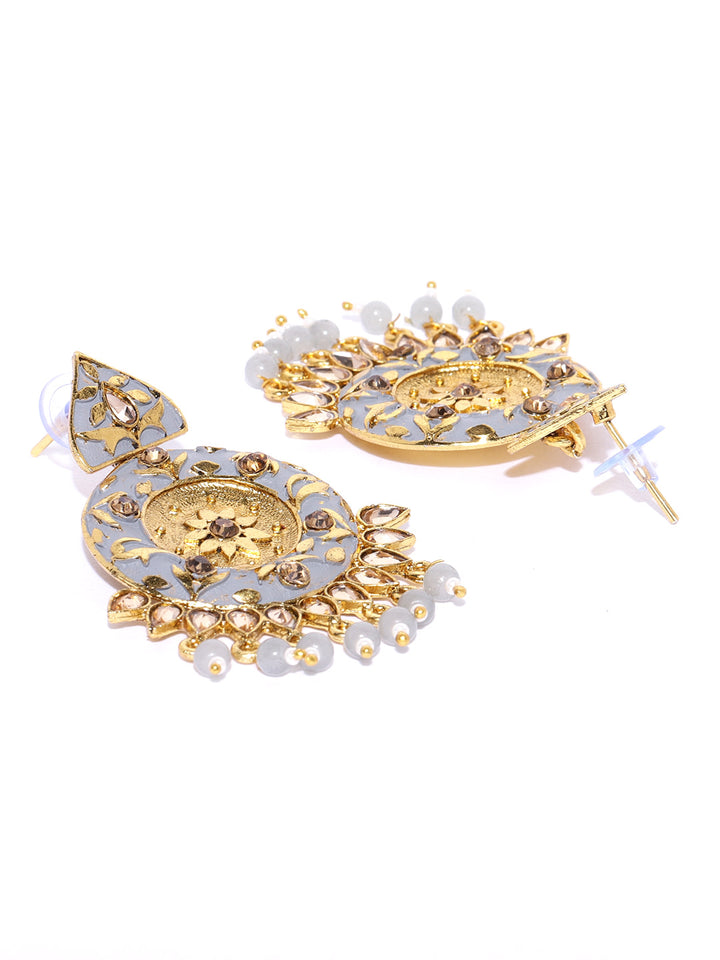 Designer Gold-Plated Stone Studded Round Shape Grey Colour Drop Earrings