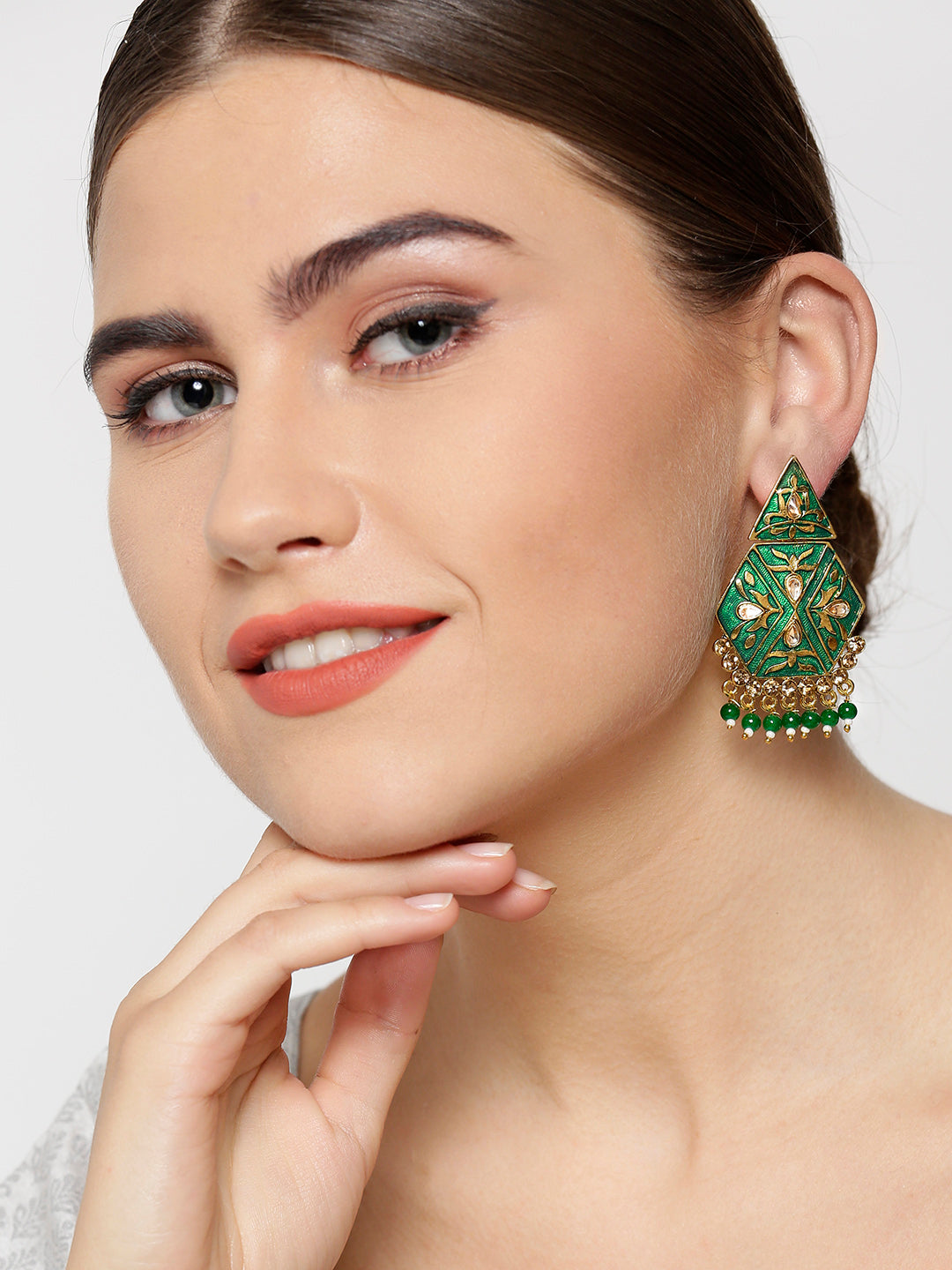Gold-Plated Stone Studded, Geometric Inspired Drop Earrings with Beads Drop in Green Color