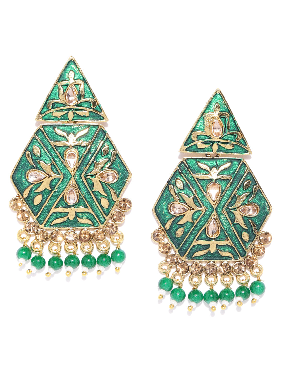 Gold-Plated Stone Studded, Geometric Inspired Drop Earrings with Beads Drop in Green Color