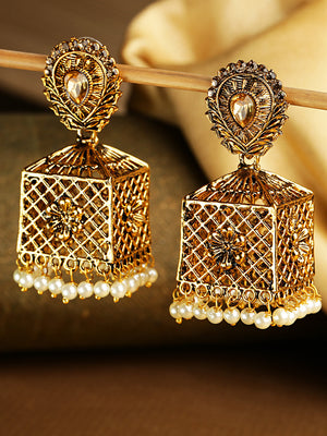 Gold-Plated Jhumka Earrings with Pearls Drop