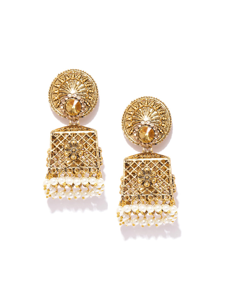 Gold-Plated Jhumka Earrings with Pearls Drop