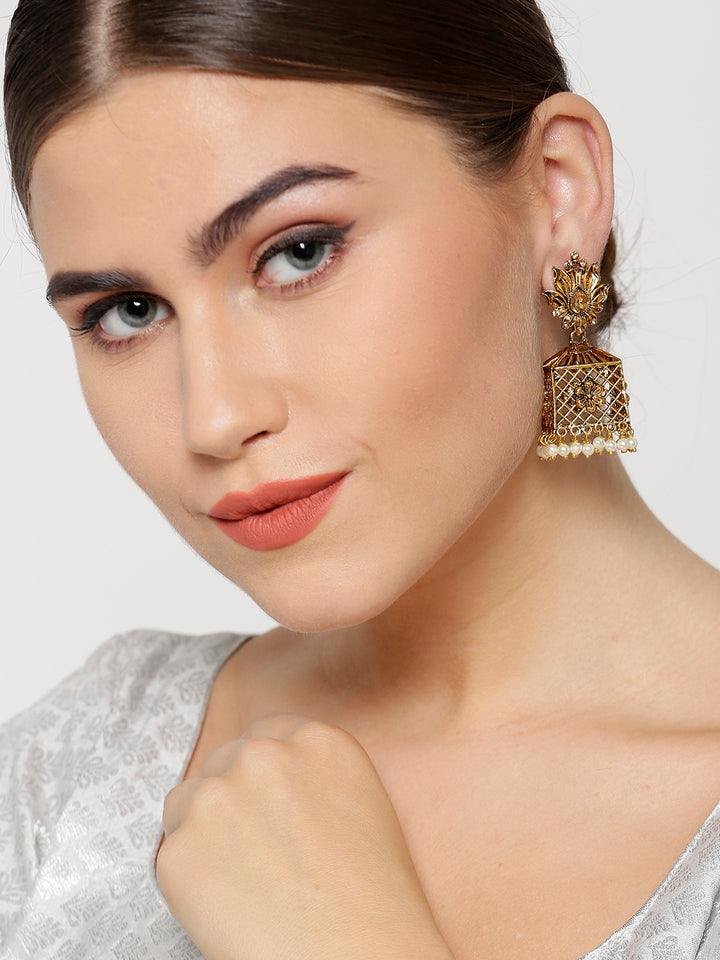 Gold-Plated Jhumka Earrings with Pearls Drop in Floral Pattern
