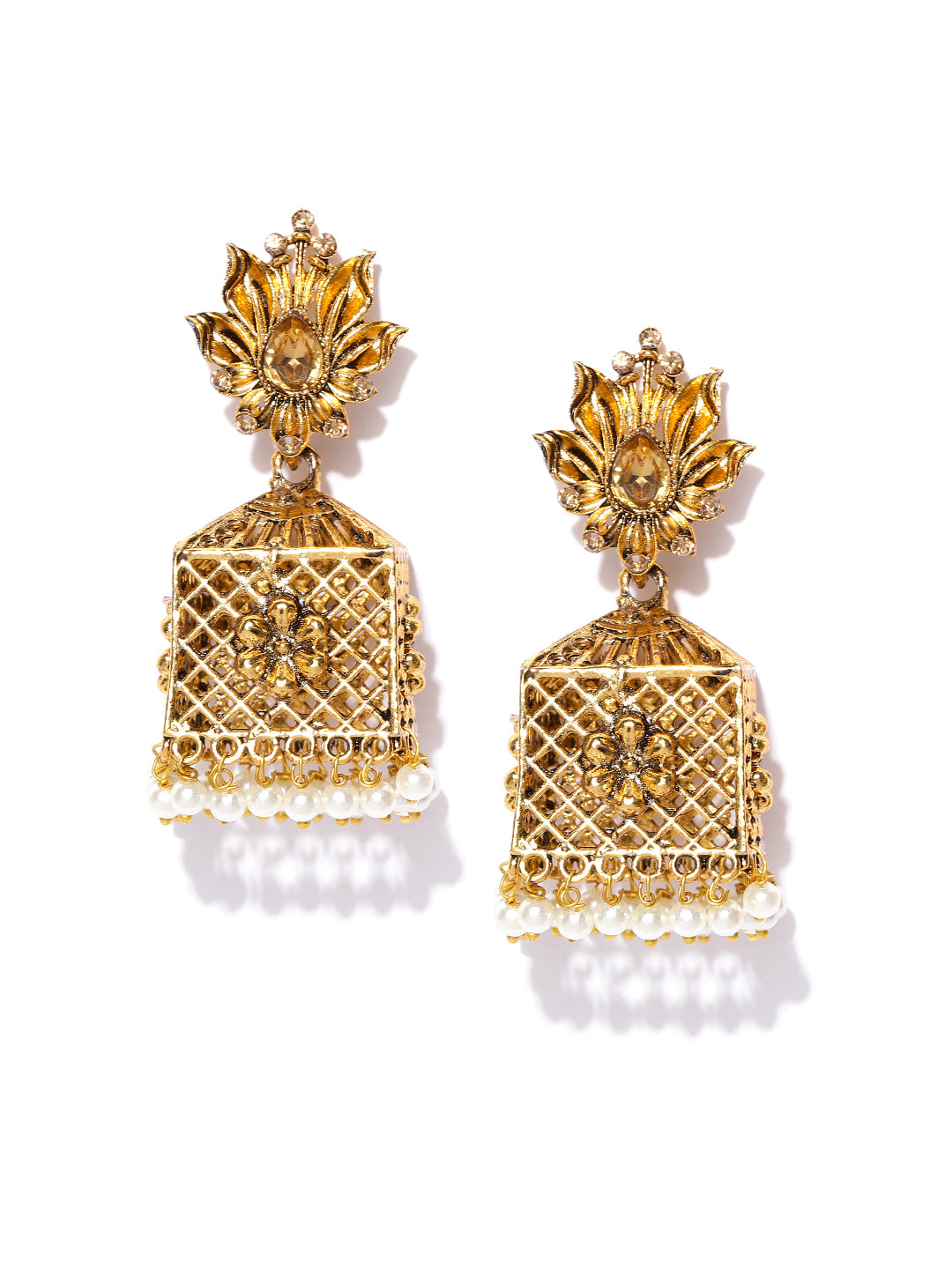 Gold-Plated Jhumka Earrings with Pearls Drop in Floral Pattern
