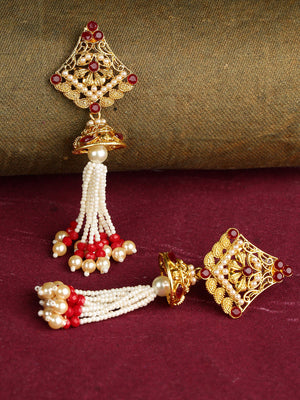 Gold-Plated Pearls and Maroon Stones Studded Drop Earrings