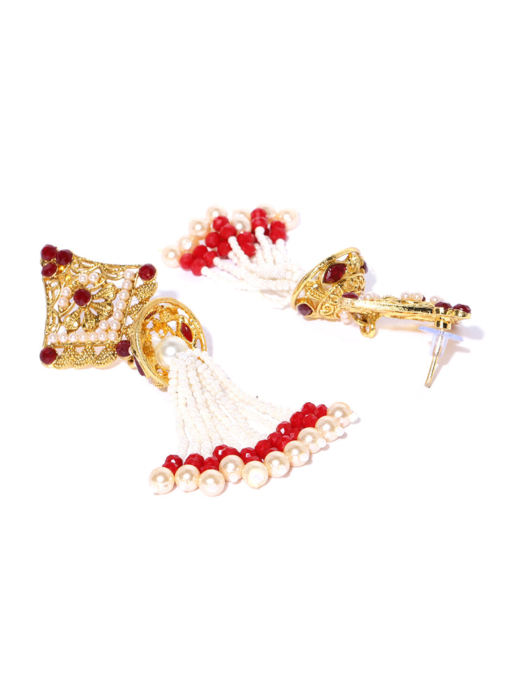 Gold-Plated Pearls and Maroon Stones Studded Drop Earrings