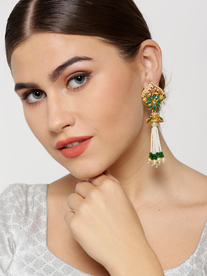 Gold-Plated Pearls and Green Stones Studded Drop Earrings