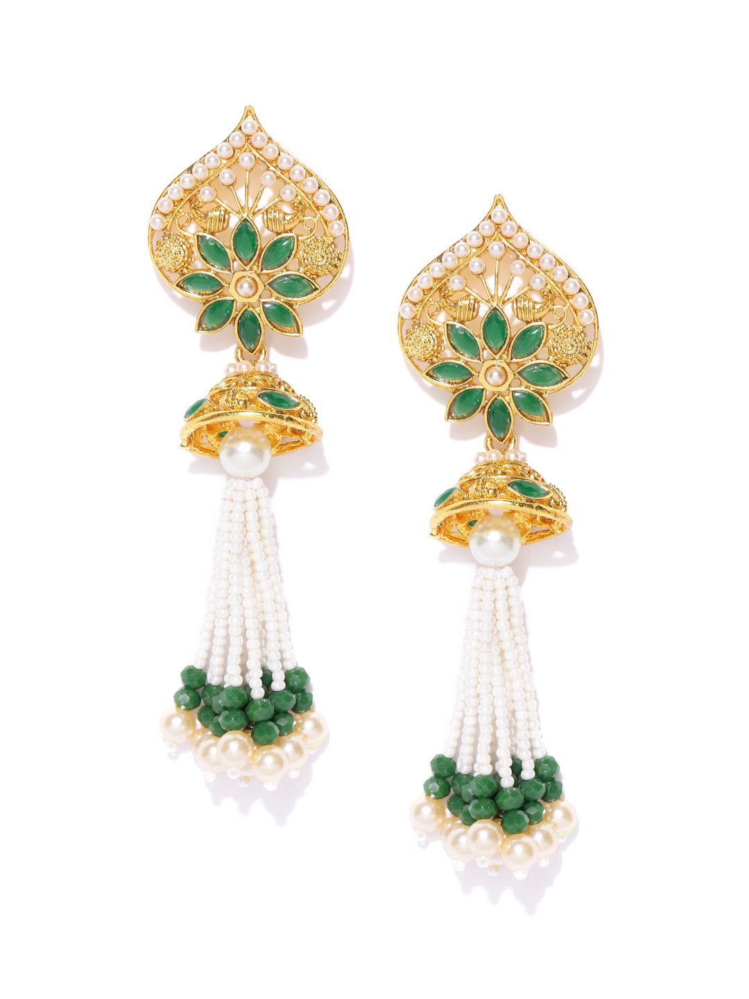 Gold-Plated Pearls and Green Stones Studded Drop Earrings