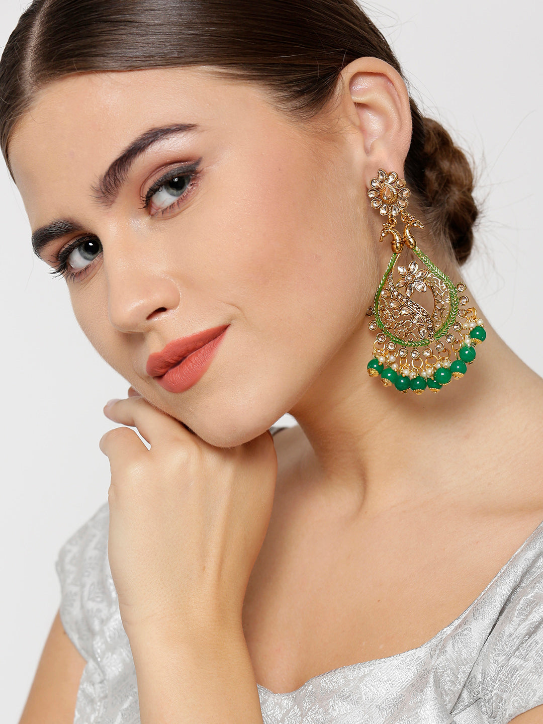 Gold-Plated Stones Studded Peacock Inspired Drop Earrings with Green Beads Drop